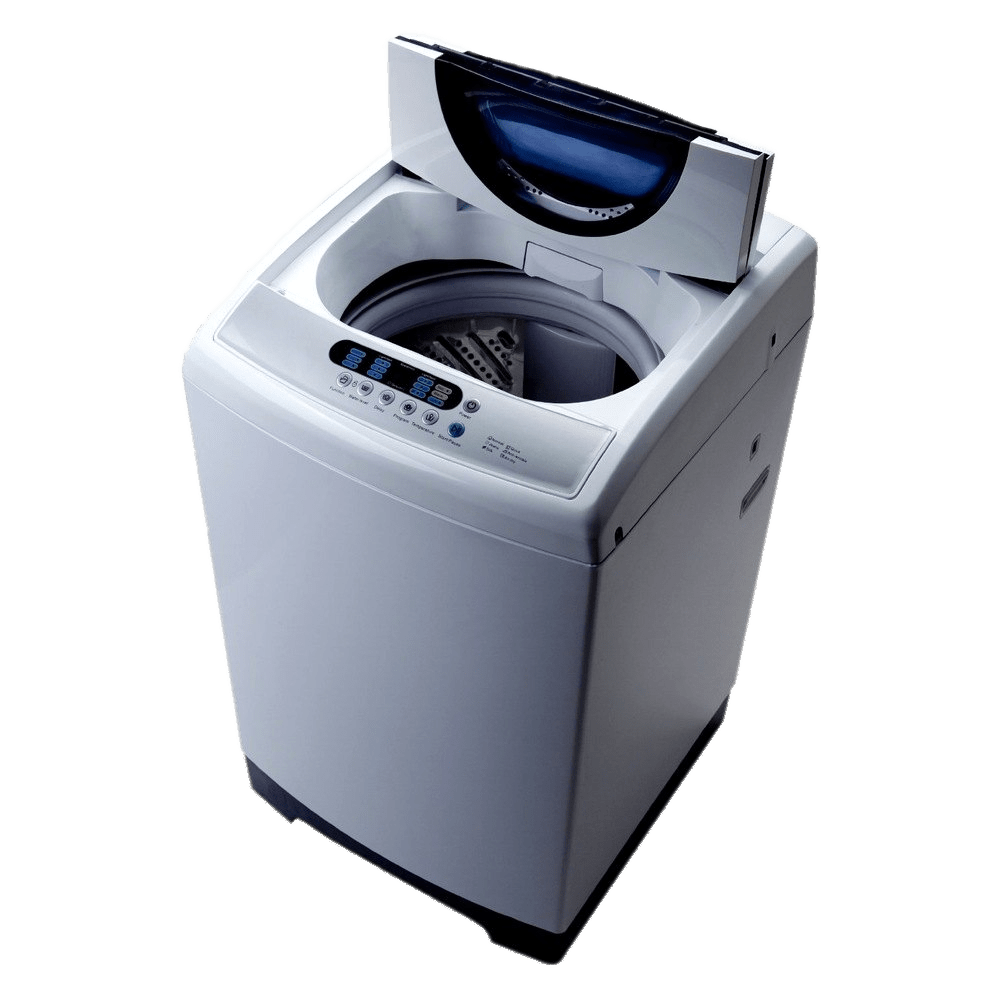 Silver Top Load Washer With Open Lid And Blue Drum PNG Appliance Photo