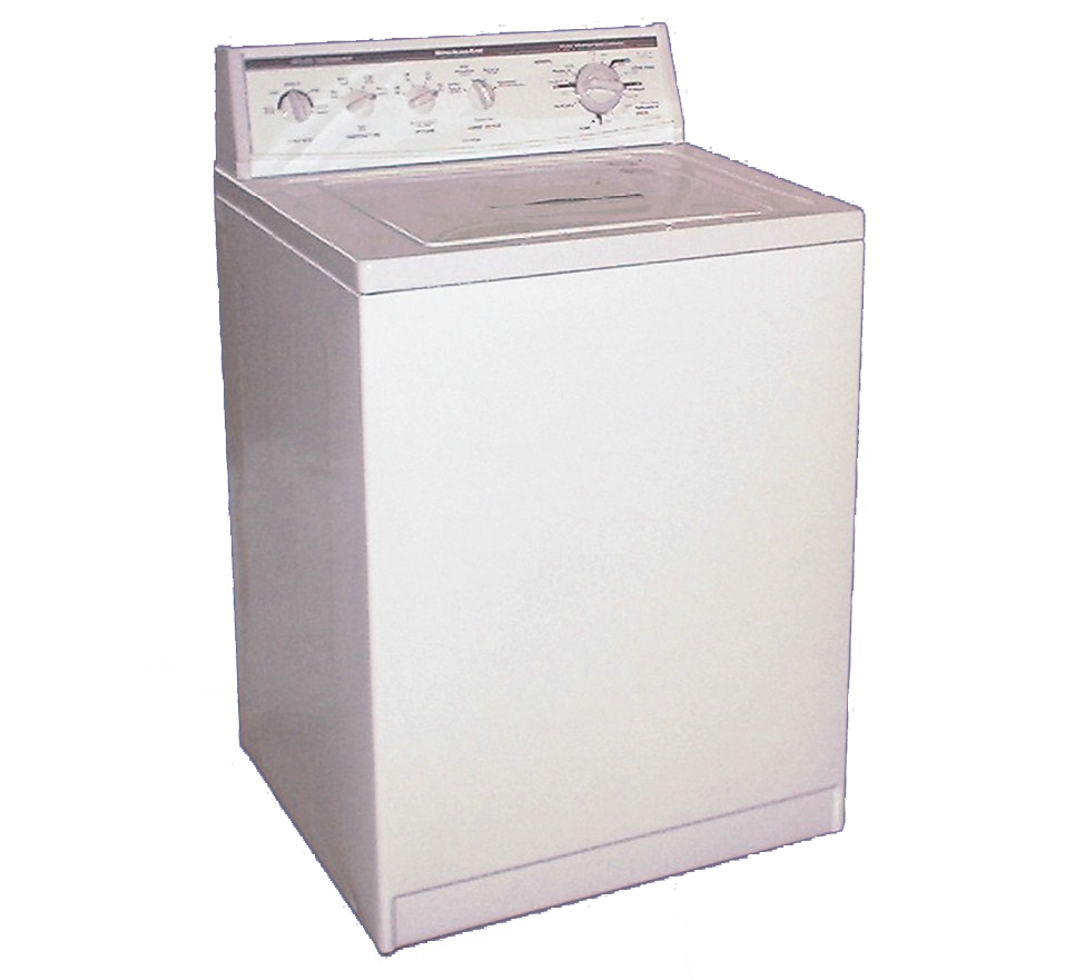 Ivory Top Loading Washer With Decorative Floral Back Panel PNG Product Photo