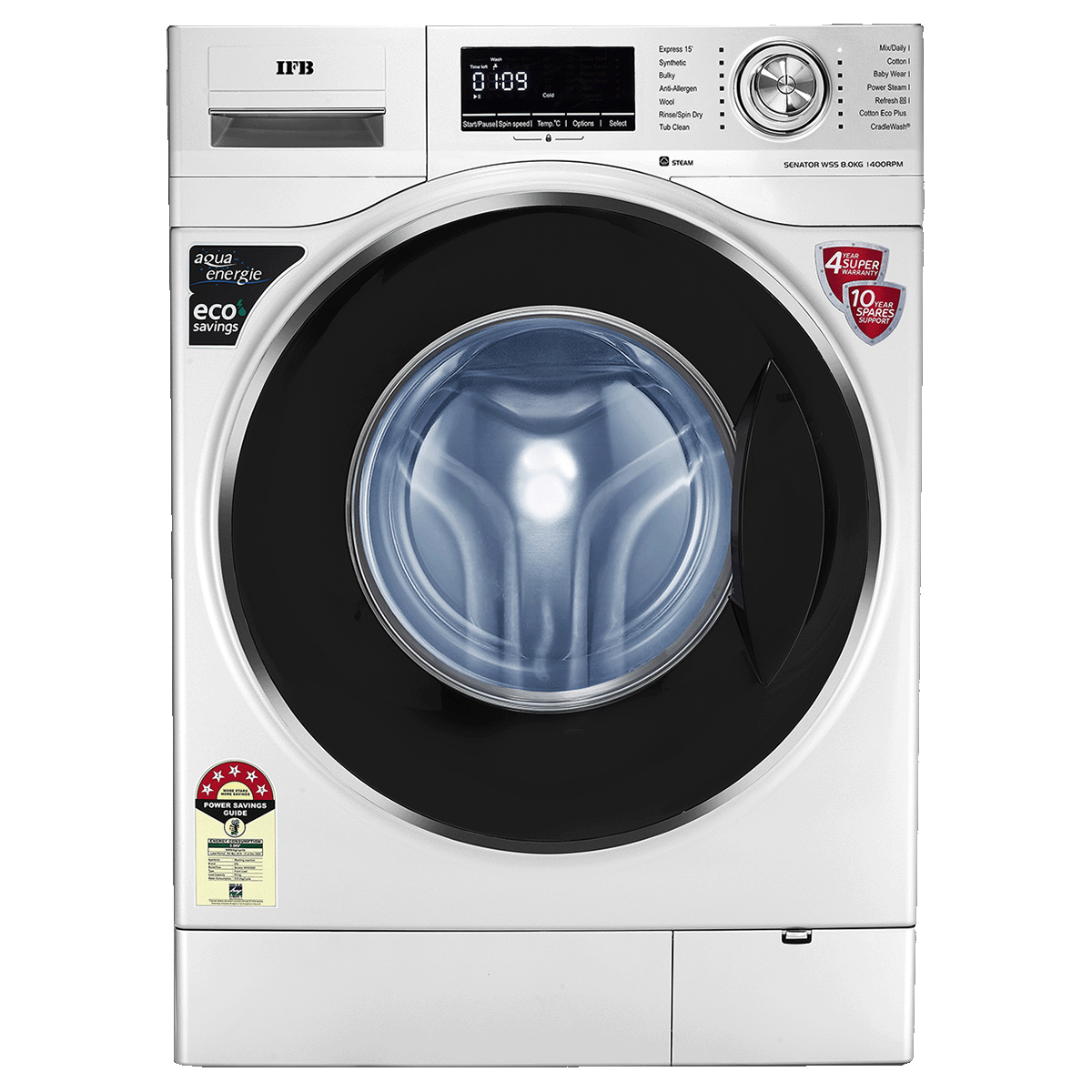White Front Load Washer With Black Trim And Energy Rating Label PNG Product Photo