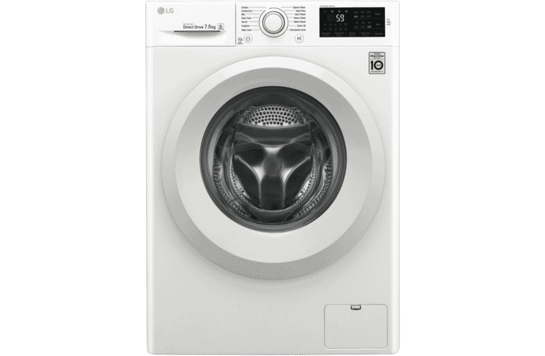 White Front Load Washer With Digital Controls And Glass Door PNG Appliance Image