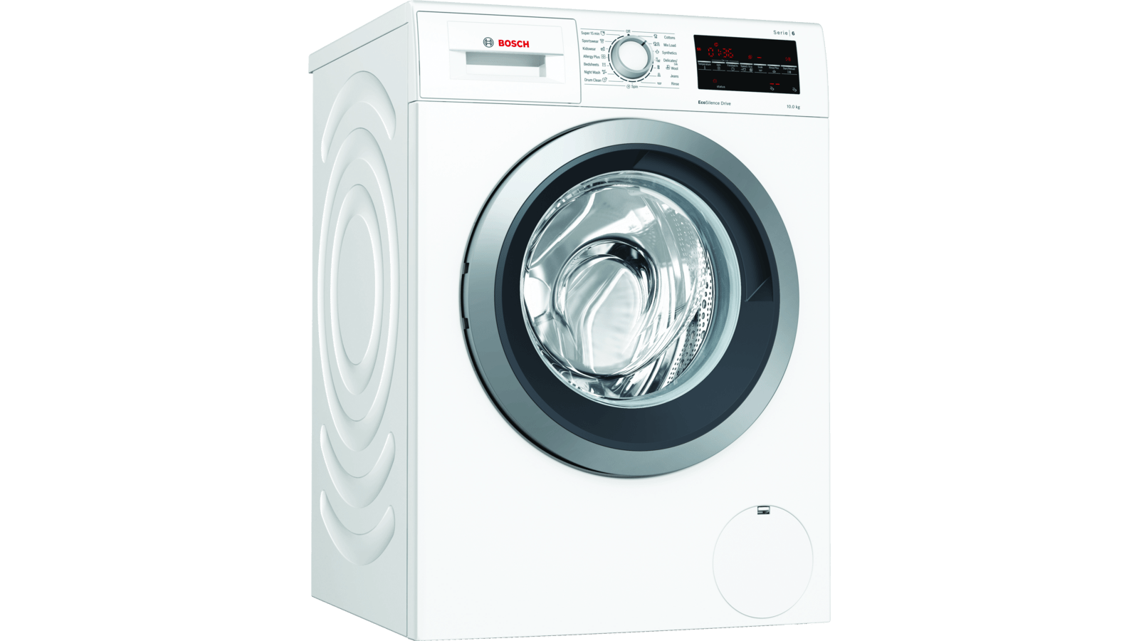 White Front Load Washer With Green Trim And Large Glass Door PNG Appliance Image