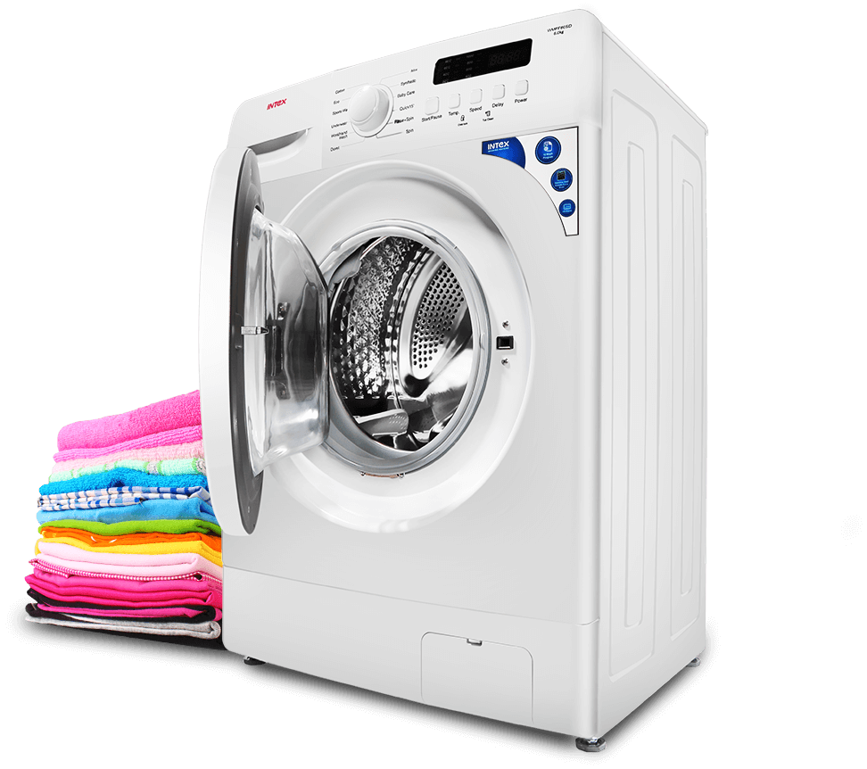 White Front Load Washer With Open Door And Colorful Laundry PNG Image