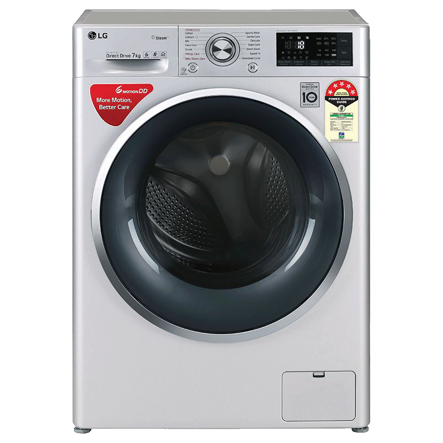 White Front Loading Washer With Black Door And Energy Label PNG Product Photo