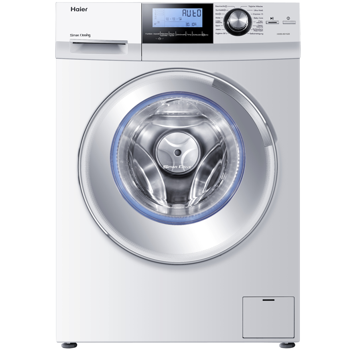 White Front Loading Washer With Blue Rimmed Glass Door PNG Appliance Photo