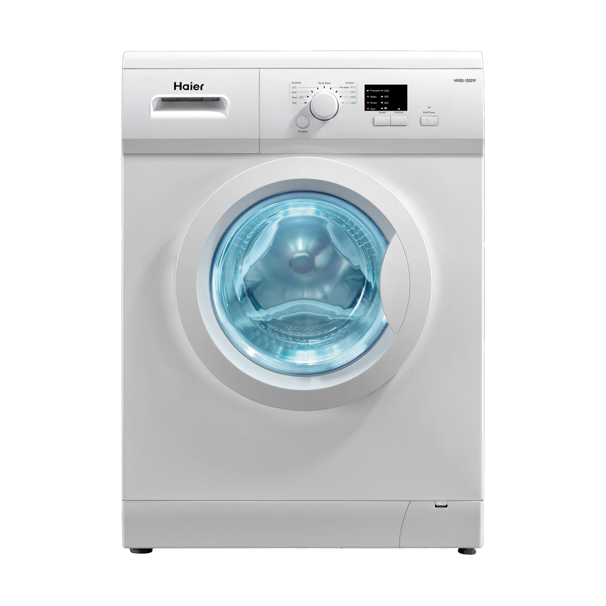 White Front Loading Washing Machine With Bright Blue Inner Drum PNG Appliance Image