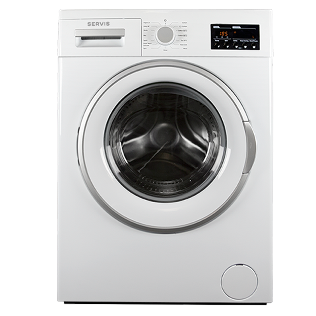 White Front Loading Washing Machine With Dark Glass Door PNG Product Photo
