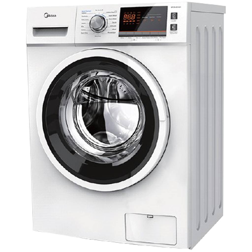 White Front Load Washing Machine With Black Door And Digital Controls PNG Image