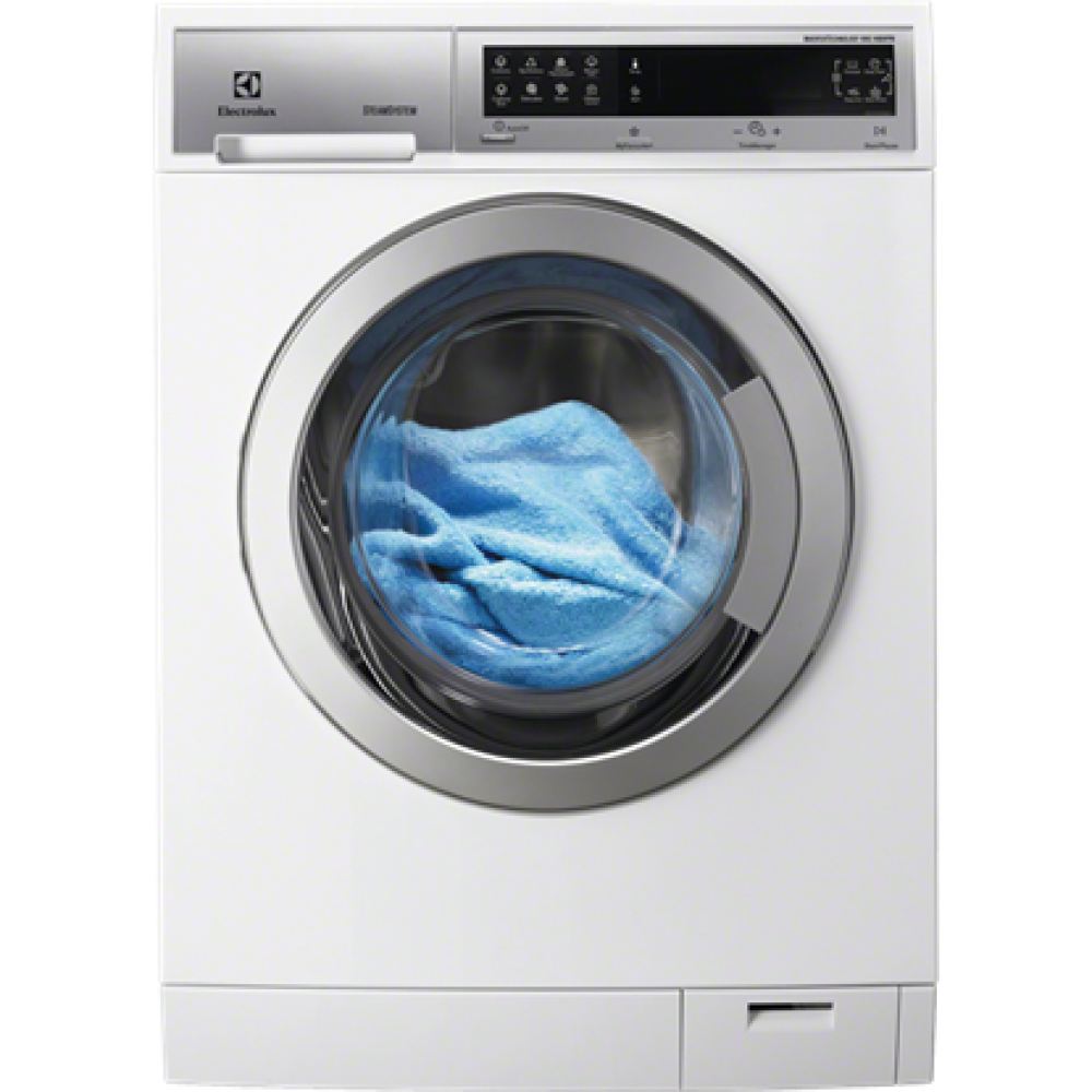 White Front Load Washing Machine With Blue Laundry Inside Glass Door PNG Photo