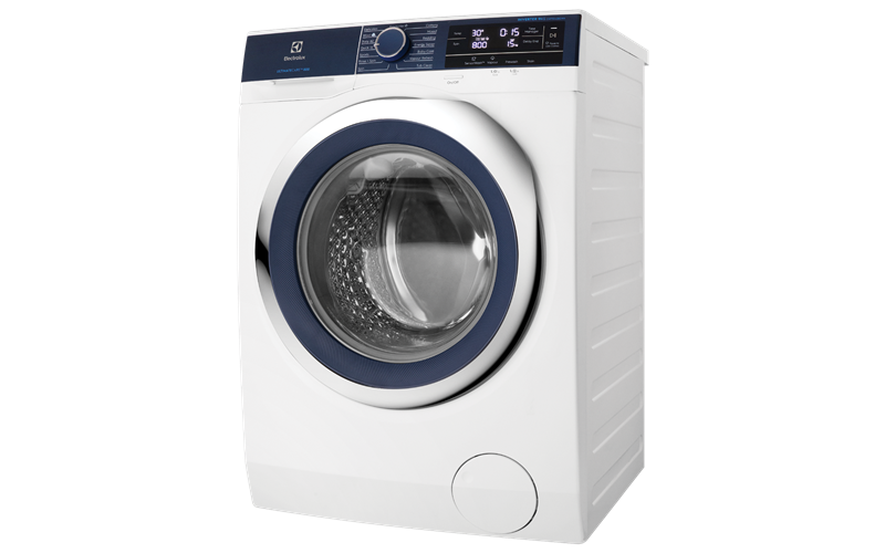 White Front Load Washing Machine With Blue Ring And Black Door PNG Product Image