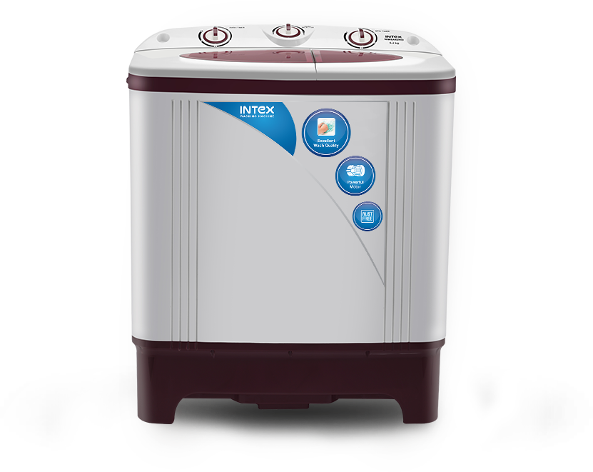 White Top Loading Washer With Maroon Lid And Blue Controls PNG Product Photo