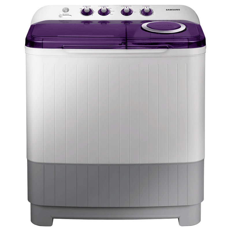 White Top Loading Washer With Purple Lid And Control Panel PNG Product Photo