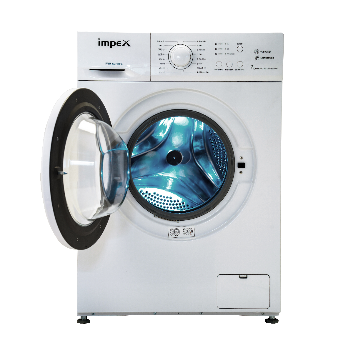 White Front Load Washing Machine With Open Door And Blue Drum PNG Product Image