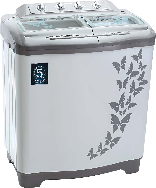 White Top Loading Washing Machine With Floral Leaf Decor PNG Product Photo