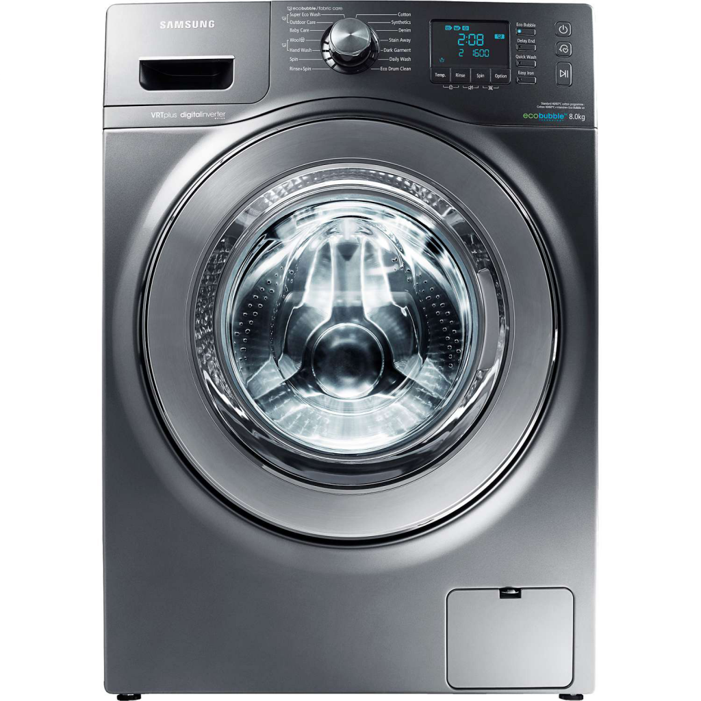 White Front Load Washing Machine With Silver Trim And Dark Control Panel PNG Image