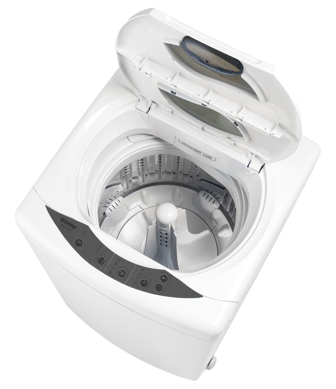 White Top Loading Washing Machine With Raised Open Lid PNG Appliance Image