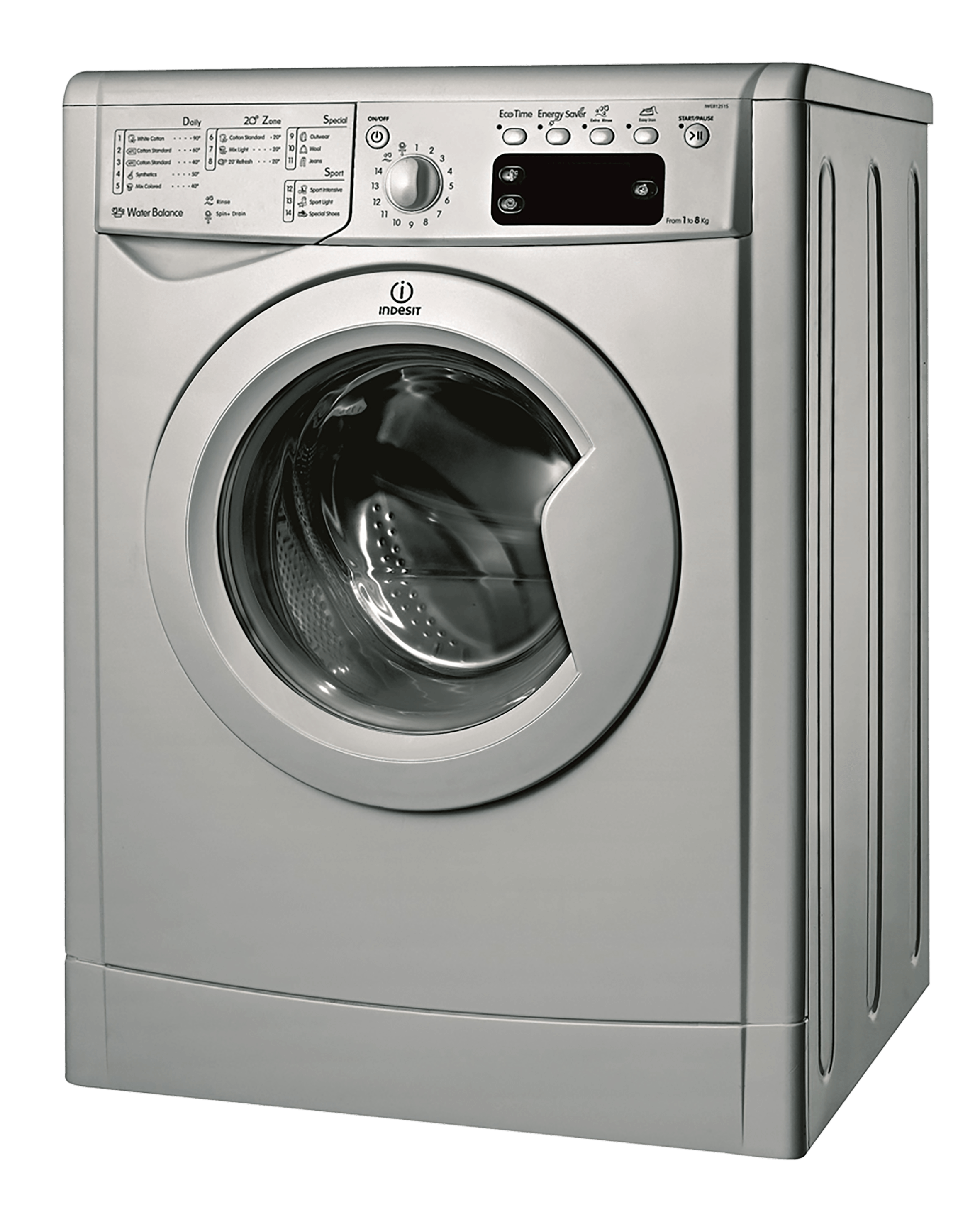 Silver Front Loading Washing Machine With Side Panels And Digital Display PNG Photo