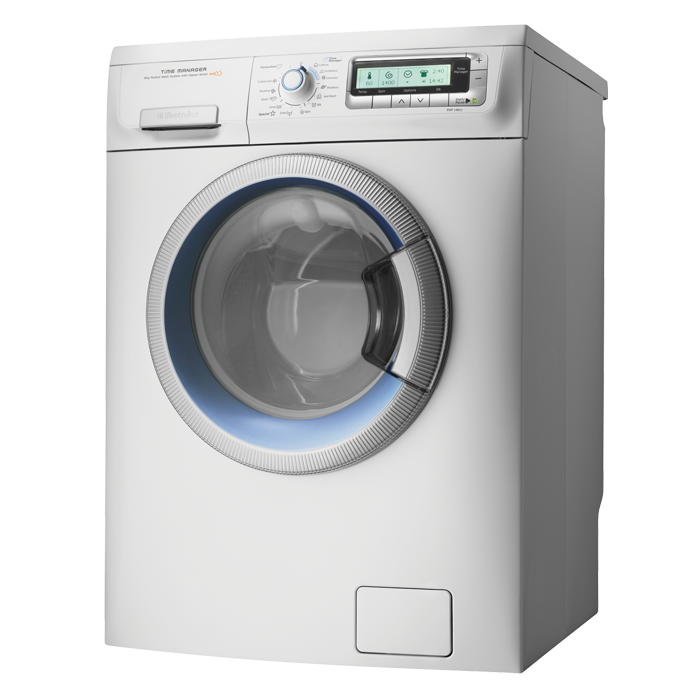 White Front Loading Laundry Washer With Green Digital Display PNG Product Photo