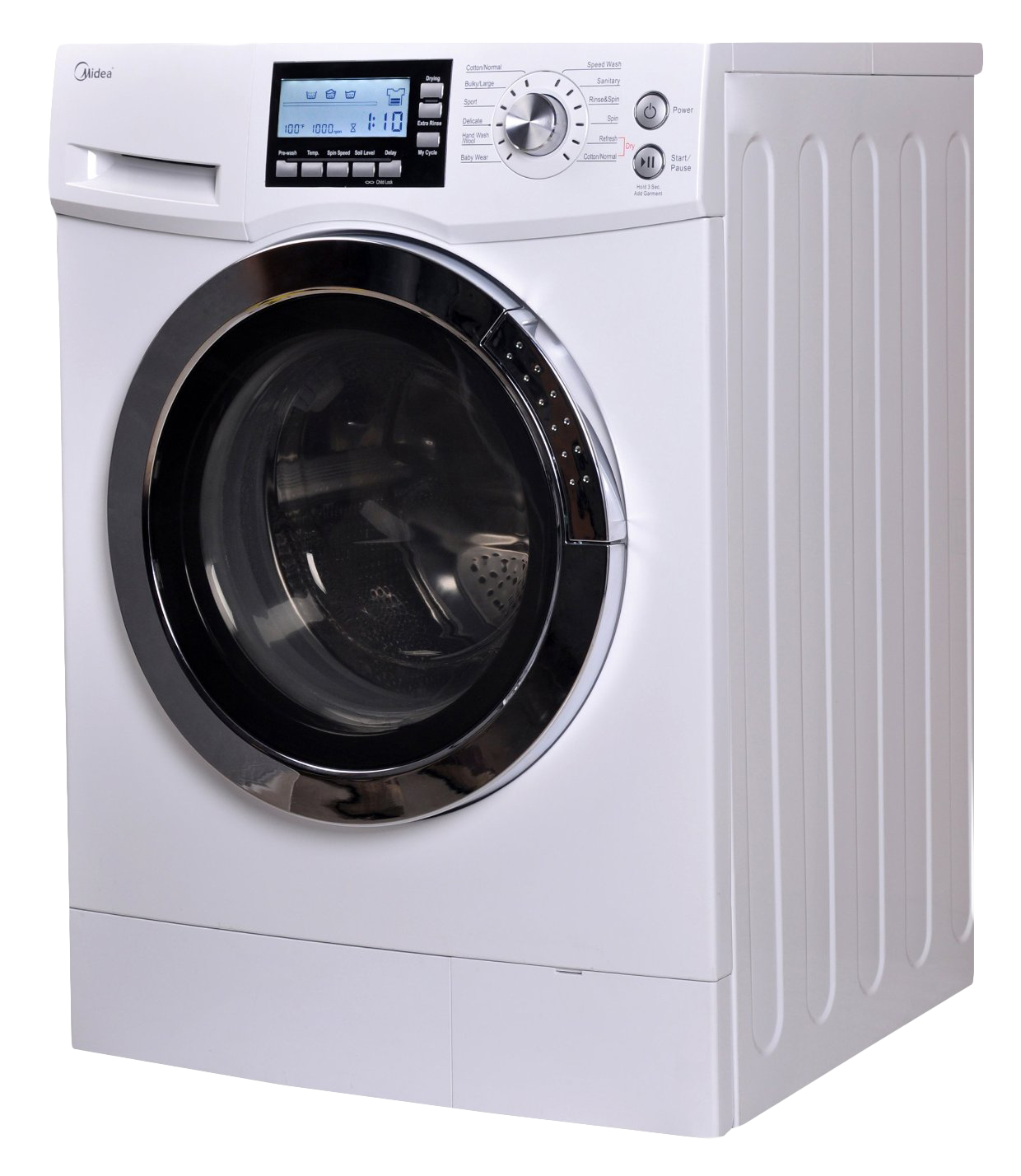 White Front Loading Washing Machine With Digital Display PNG Appliance Image