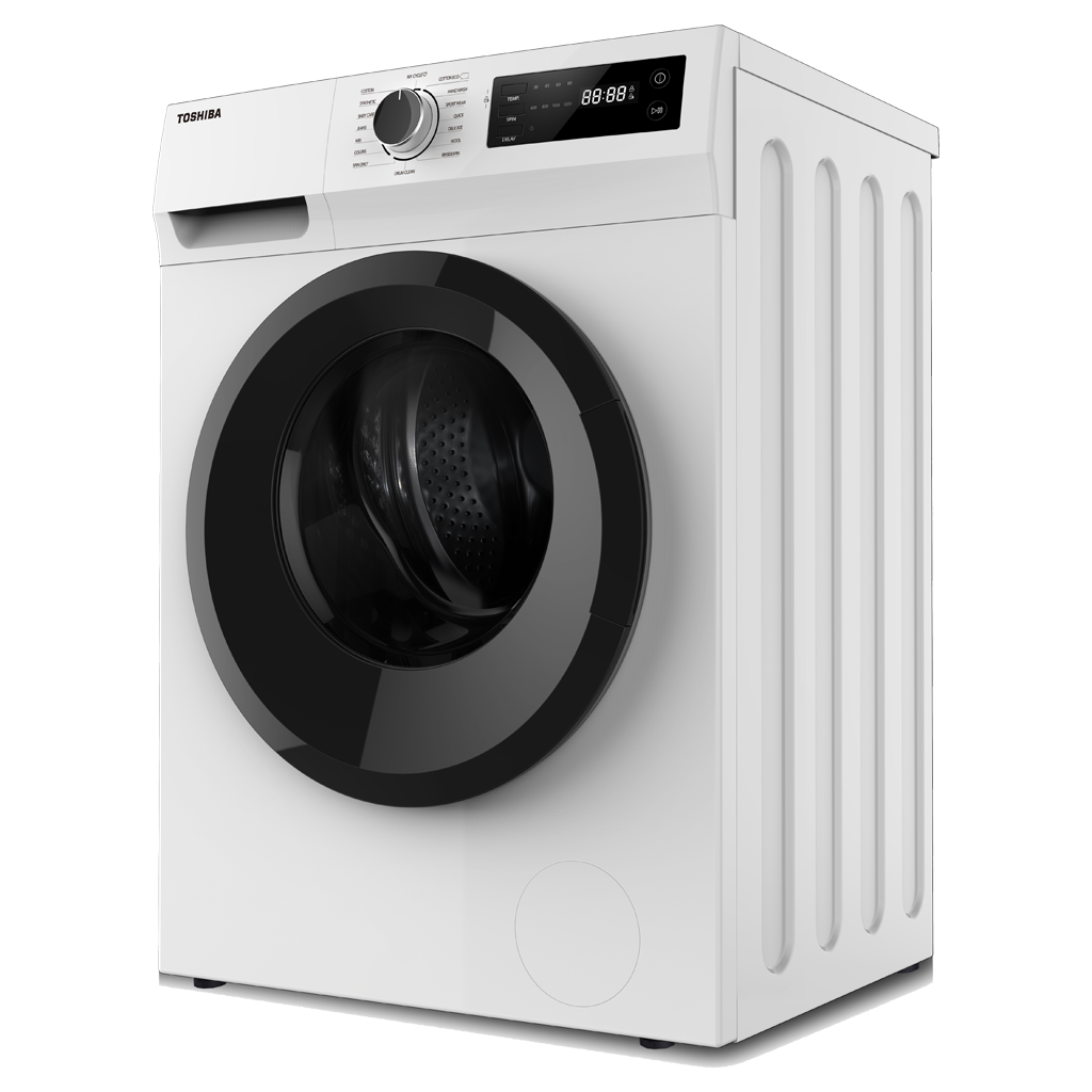 White Front Loading Washing Machine With Large Black Door PNG Product Photo
