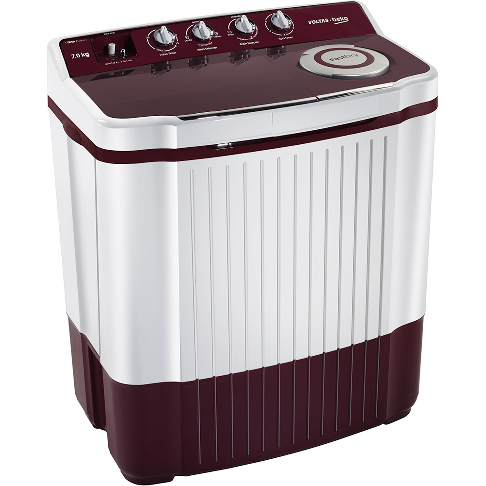 White Semi Automatic Twin Tub Washing Machine With Maroon Trim PNG Image