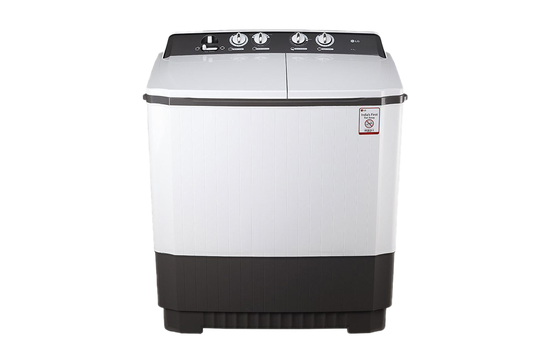 White Top Load Washer With Black Lower Panel And Curved Lid PNG Product Photo