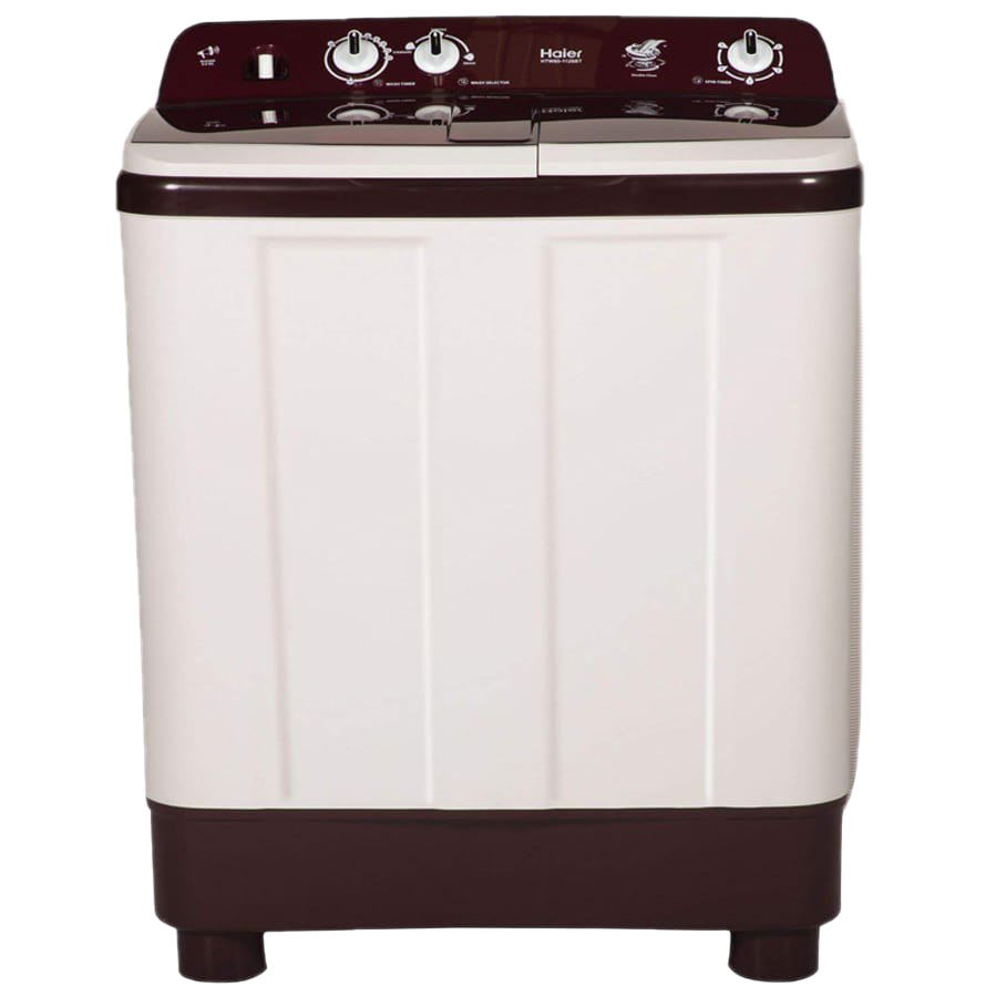 White Top Loading Washer With Burgundy Control Panel And Lid PNG Photo