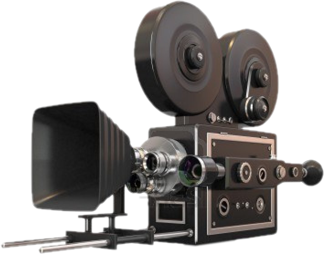 Antique 8mm Film Camera On Tripod With Round Reels PNG Illustration
