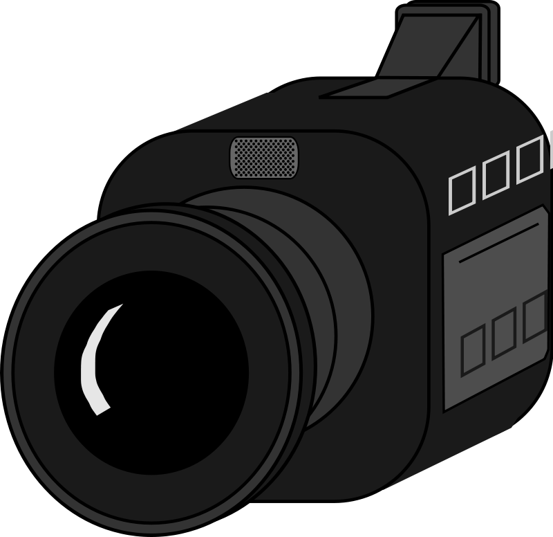 Black Cartoon Video Camera With Wide Lens And Top Viewfinder PNG Icon