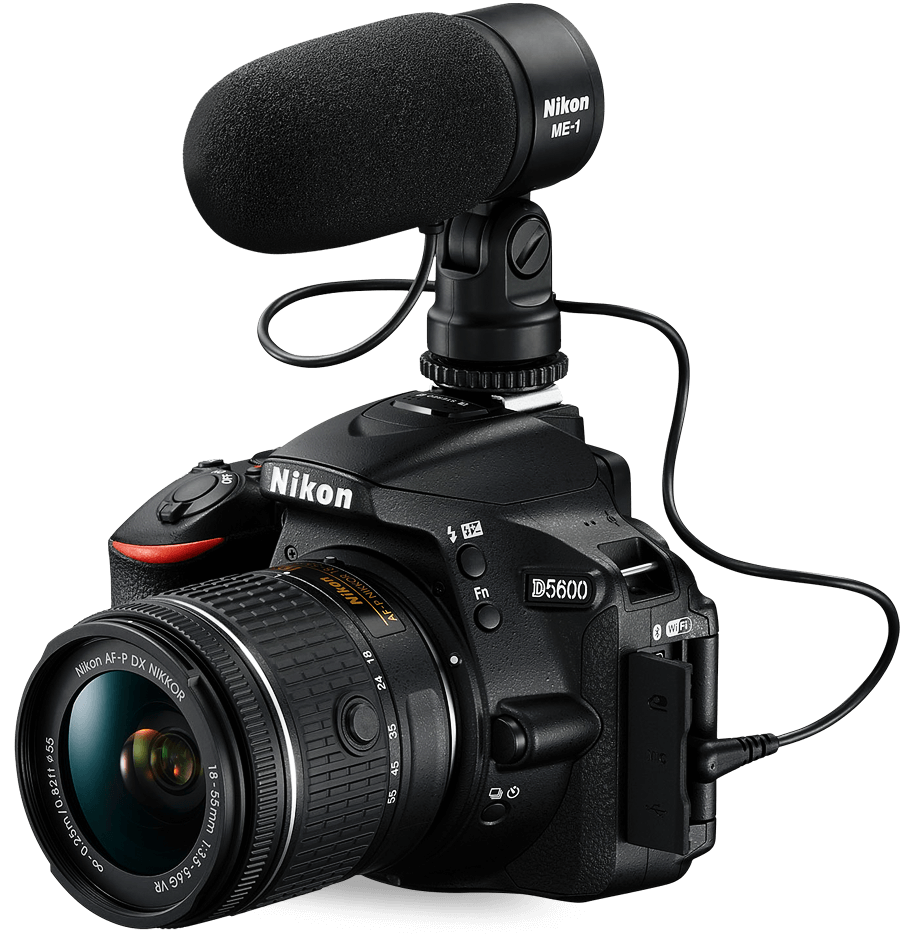 Nikon DSLR Camera With External Shotgun Microphone And Zoom Lens PNG Image