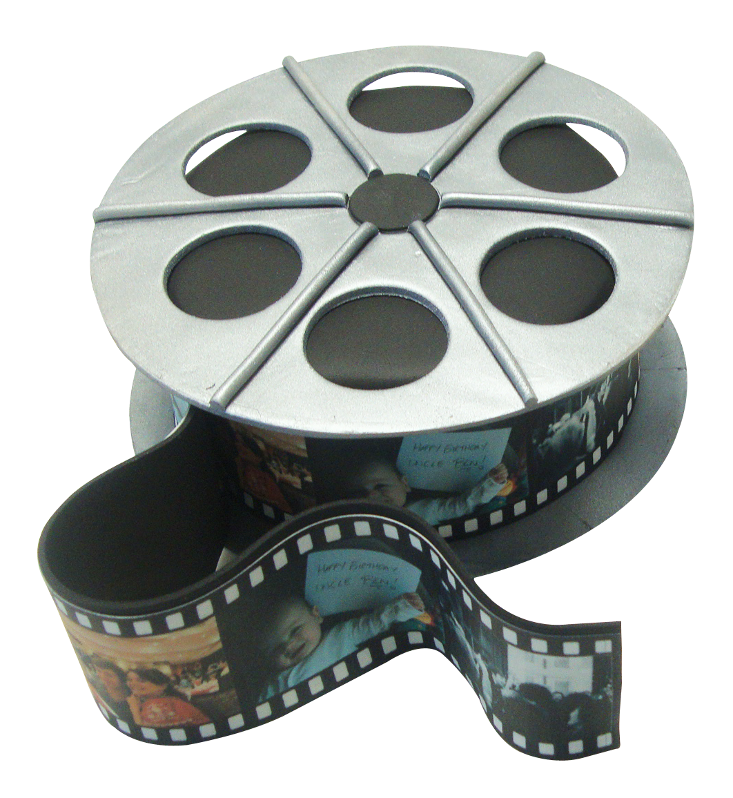 Vintage Film Reel Strip Curled Around Two Metal Movie Reels PNG Illustration