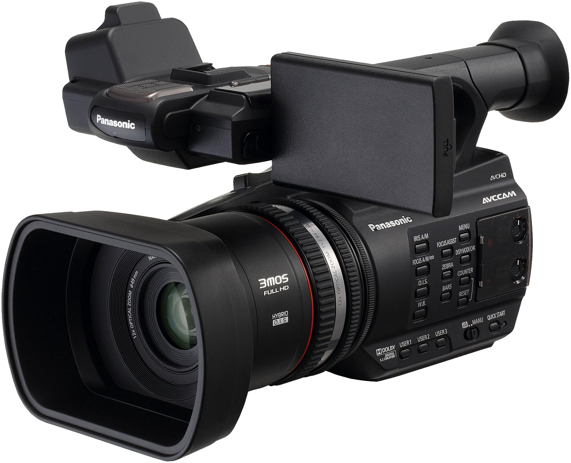 Black Panasonic Professional Camcorder With Zoom Lens And Handle PNG Product Photo