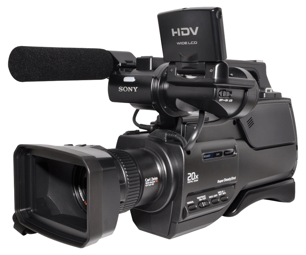 Black Professional HD Camcorder With Viewfinder And Lens Hood PNG Product Image