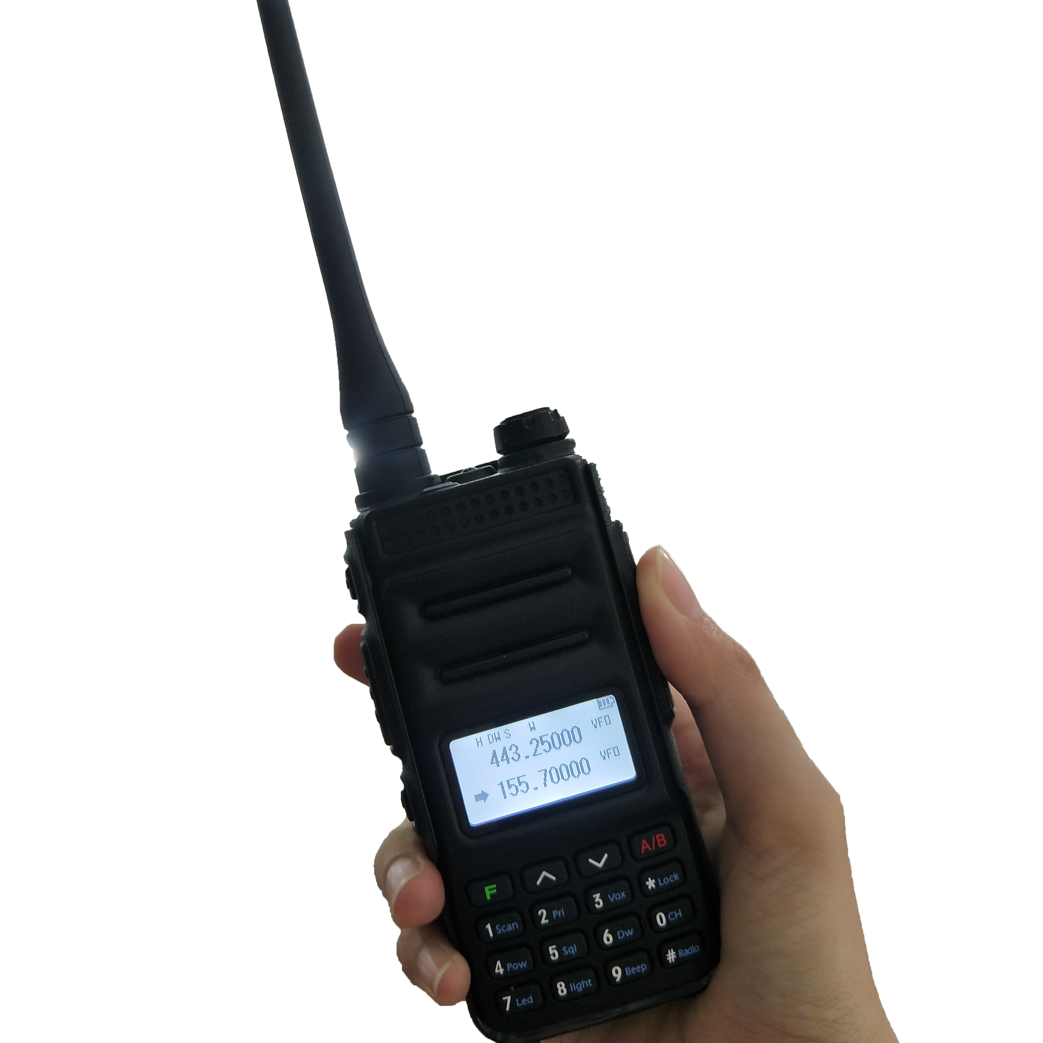 Hand Holding Black Handheld Radio Transceiver With Extended Antenna PNG Illustration