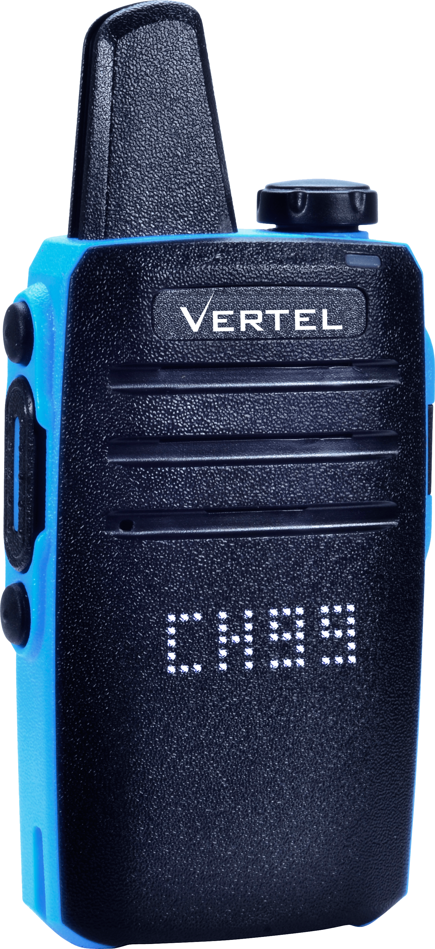 Blue Vertel Handheld Two Way Radio With Digital Screen PNG Product Photo