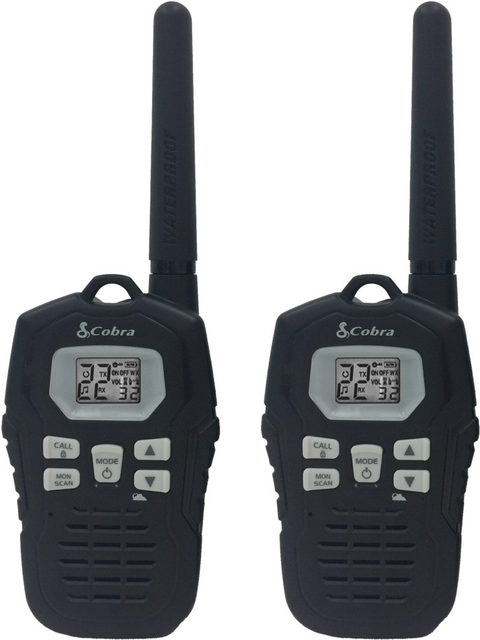 Pair Of Black Handheld Radios With Blue Backlit LCD Displays PNG Photo