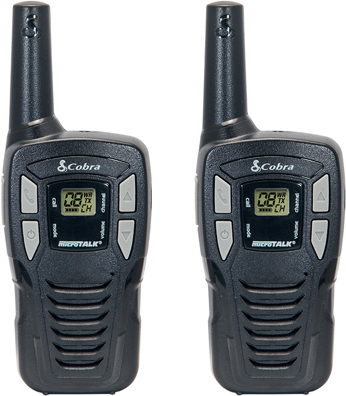 Pair Of Black Motorola Style Two Way Radios With Digital Screens PNG Product Image