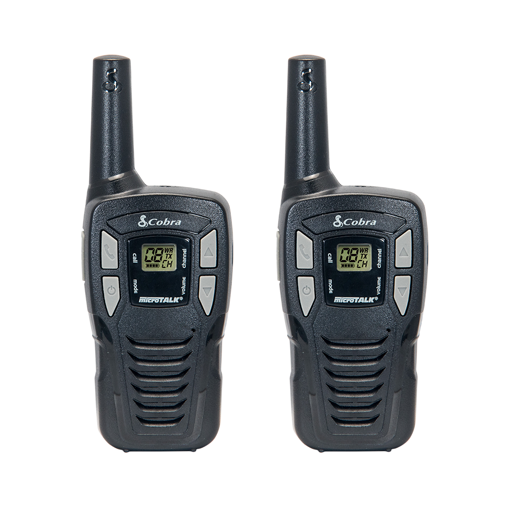 Pair Of Black Portable Two Way Radios With Green Display Panels PNG Product Image