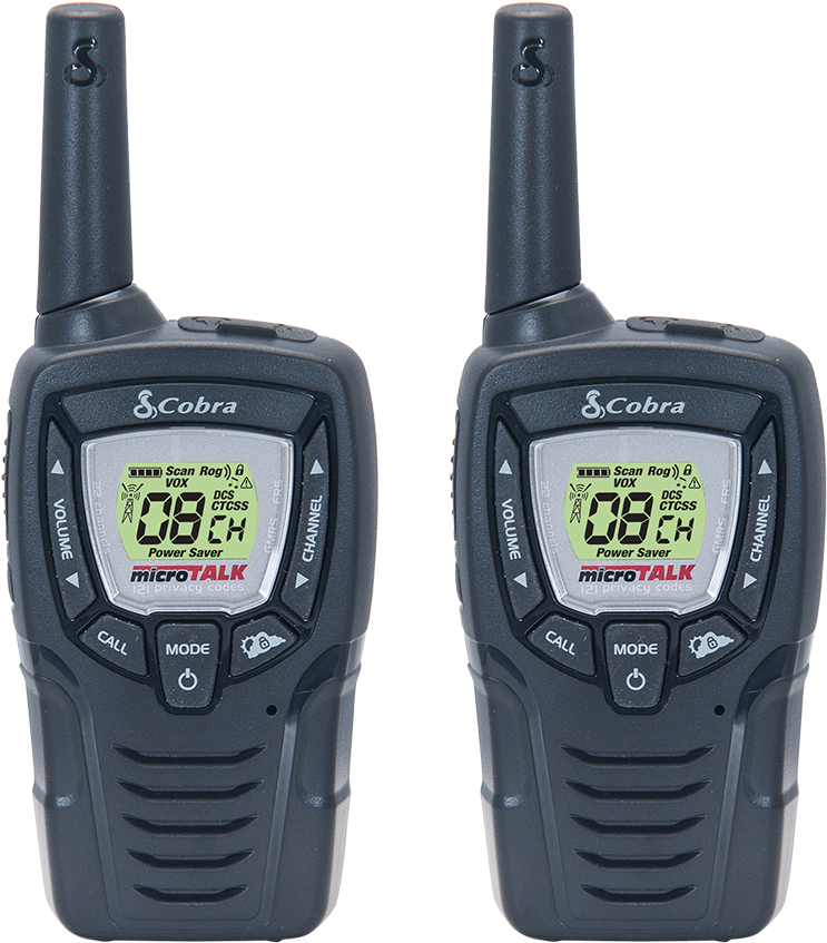 Pair Of Black Cobra Handheld Radios With Green Digital Displays PNG Product Photo