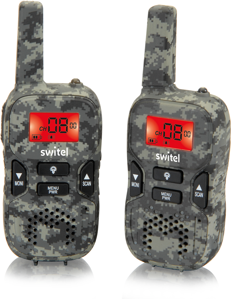 Pair Of Camouflage Two Way Walkie Talkie Radios With Red Displays PNG Product Photo