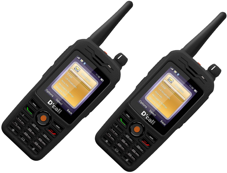 Pair Of Rugged Black Digital Walkie Talkies With Amber Screens PNG Photo