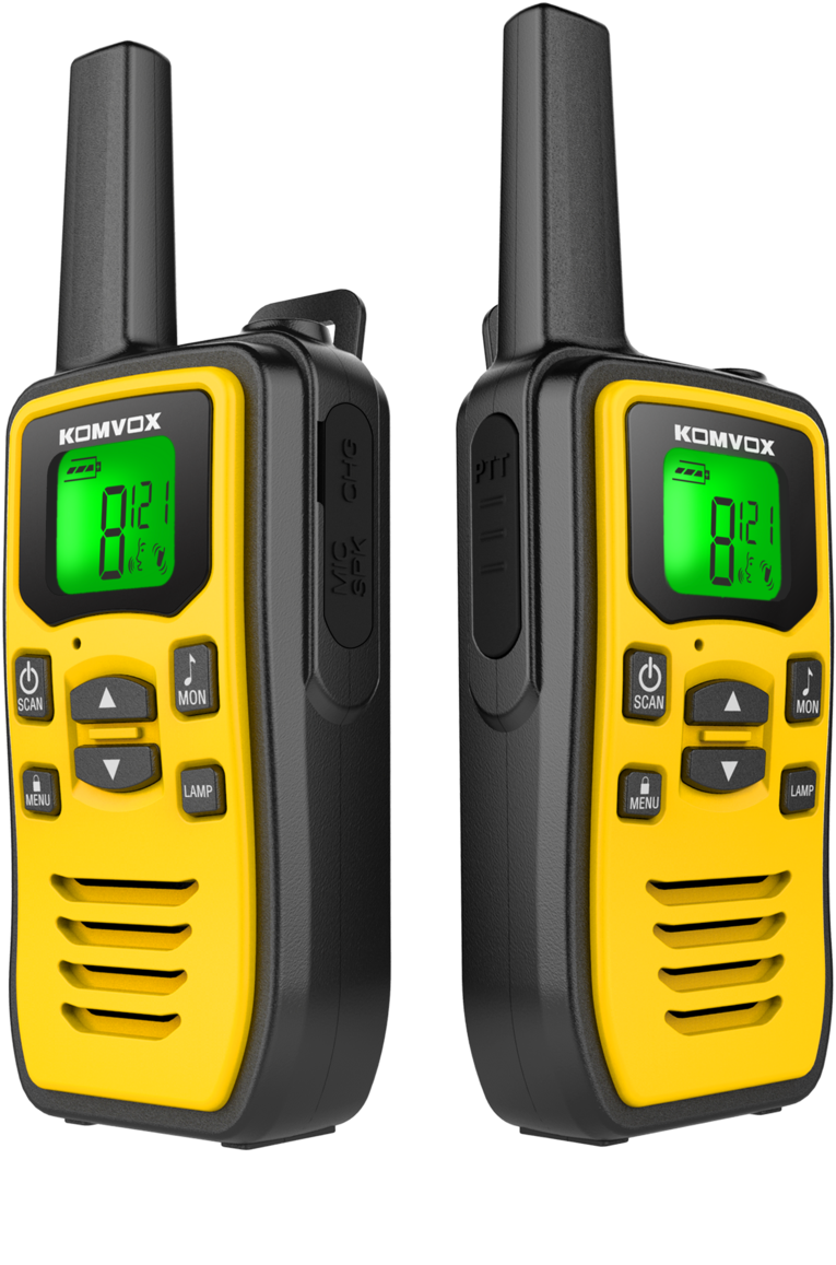 Pair Of Yellow And Black Outdoor Walkie Talkie Radios With Green Displays PNG Image