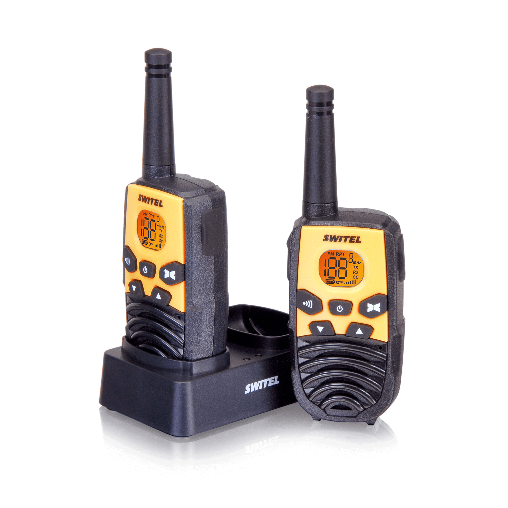 Pair Of Yellow Walkie Talkies With Charging Dock And LCD Screens PNG Product Photo