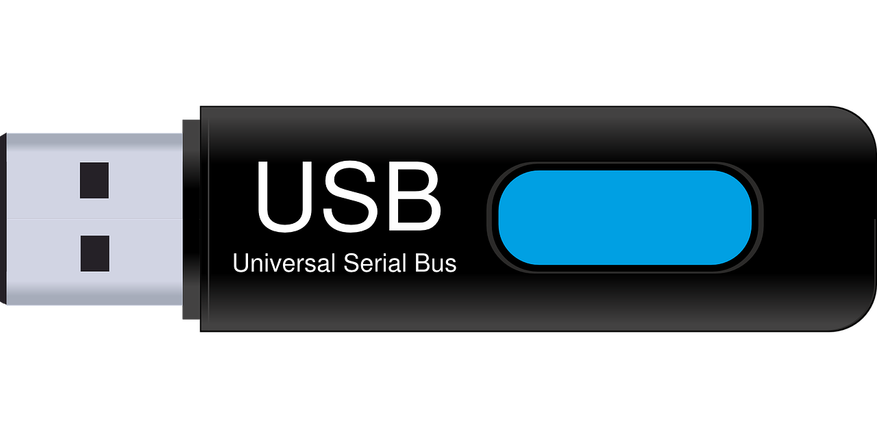 Black USB Universal Serial Bus Flash Drive With Blue Center Panel PNG Graphic