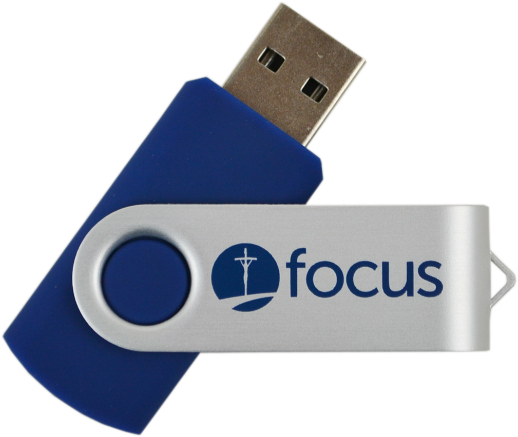 Blue And White Focus Brand USB Flash Drive With Protective Cap PNG Product Image