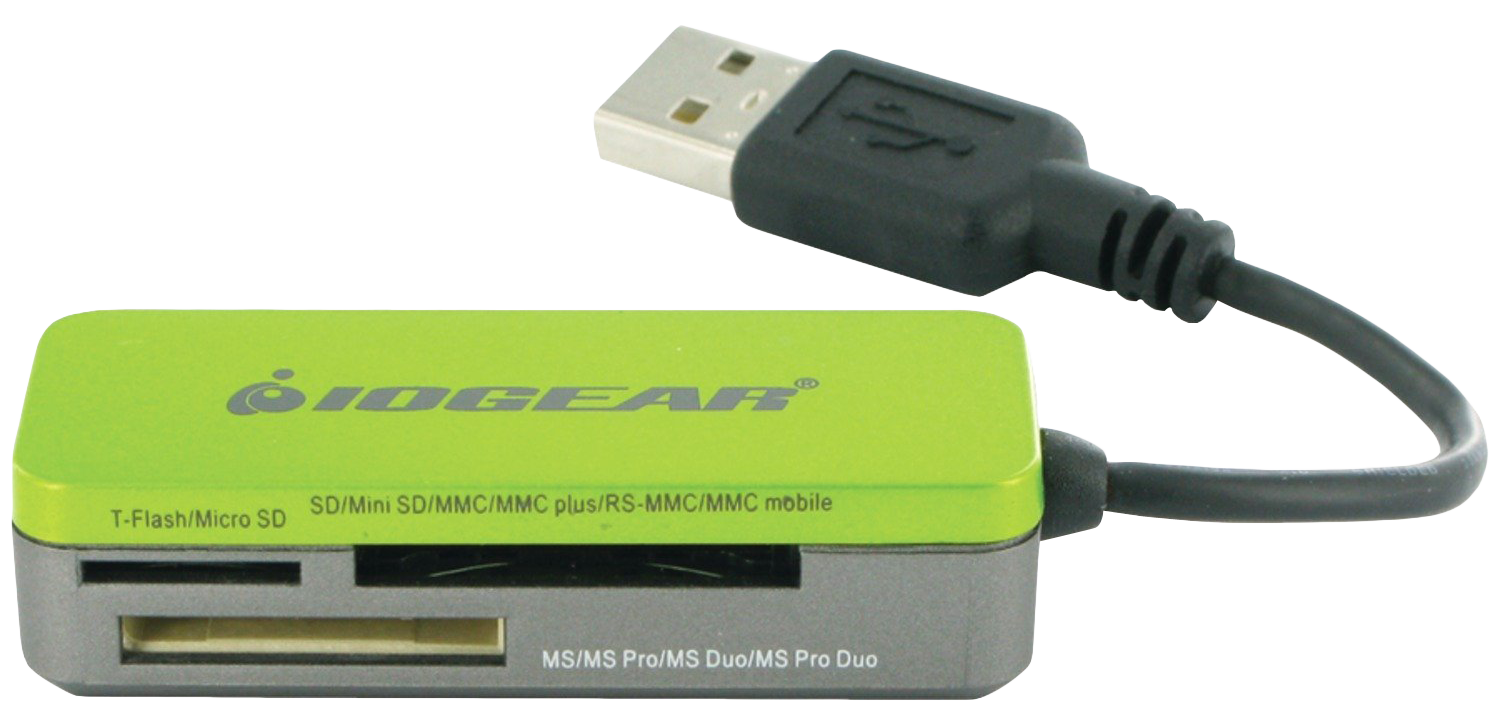 Green USB Card Reader With Cable And Memory Card Slots PNG Product Photo