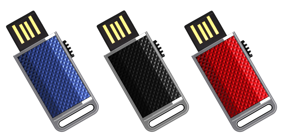 Set Of Blue Black And Red Swivel USB Thumb Drives With Metal Plugs PNG Photo