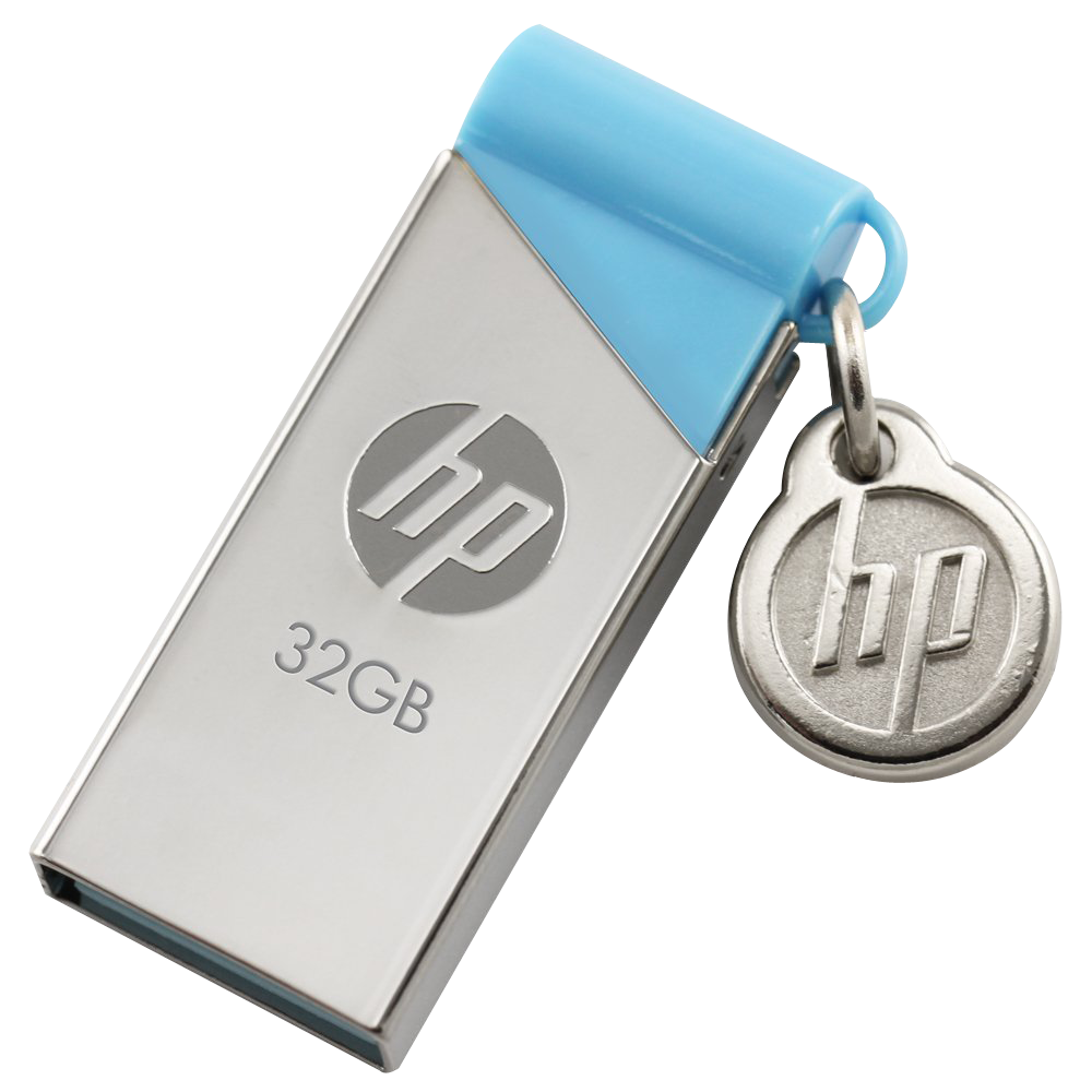 Silver And Blue HP Thirty Two Gigabyte USB Flash Drive Keychain PNG Product Photo