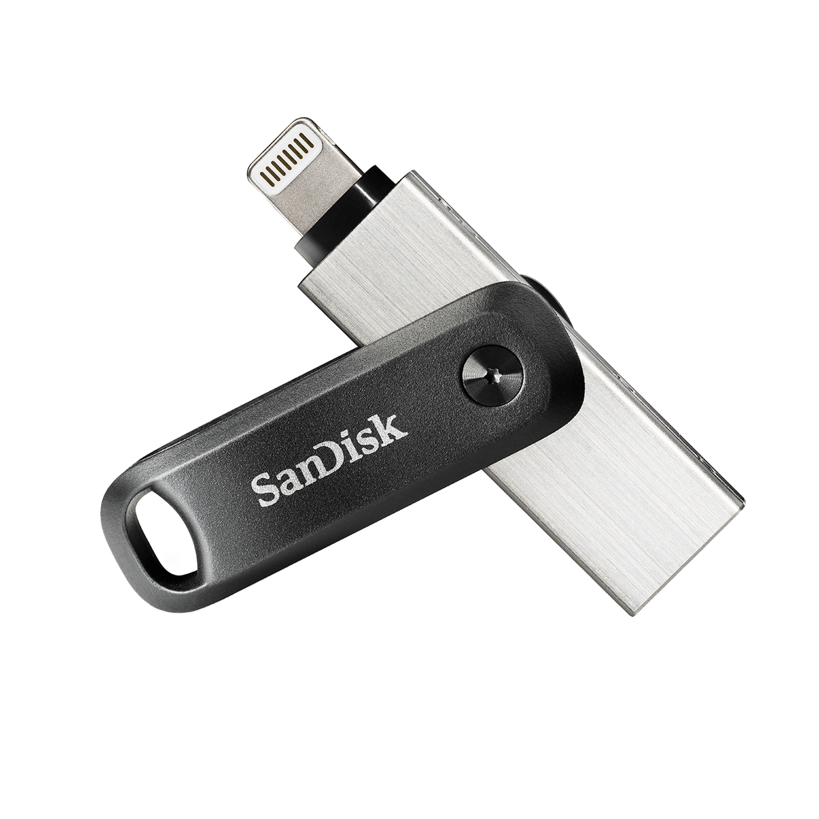 Silver SanDisk Dual Connector USB Stick With Black Pivot Housing PNG Product Image