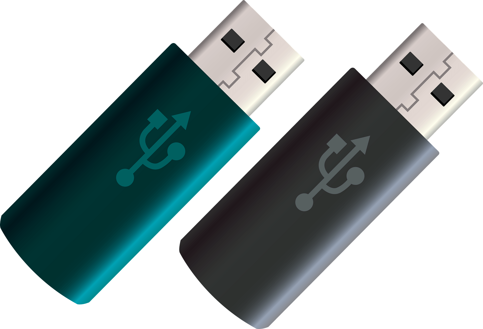 Pair Of Teal And Gray USB Flash Drives With USB Emblem PNG Product Image