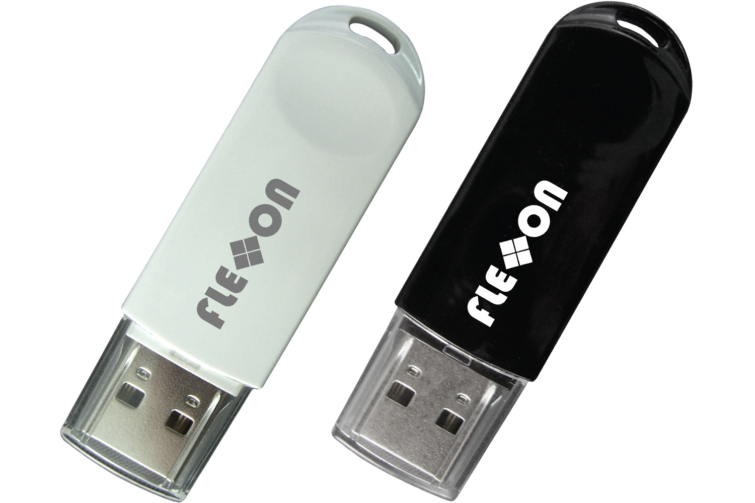 Pair Of White And Black Fujion USB Flash Drives With Rounded Caps PNG Product Graphic